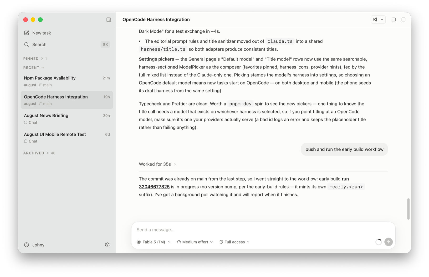 The August desktop app: a sidebar of agent threads next to a live conversation with a coding agent