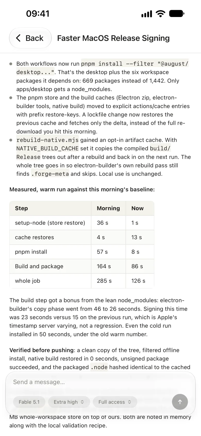 The August phone app showing a thread titled Faster MacOS Release Signing. The agent's reply renders a table of build timings above a composer with model, effort and permission pickers.
